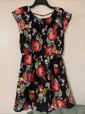 indulge Black Casual Dress with Pink Rose Floral Print